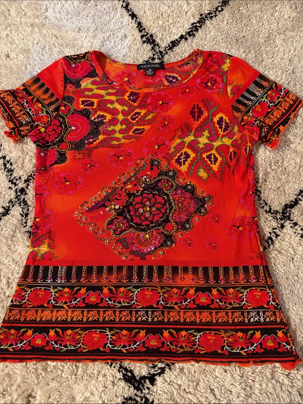 Boston Proper Orange and Pink Paisley-Print Short Sleeve Tee